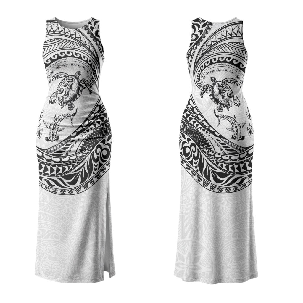 Hawaiian Turtle and Shark Family Matching Tank Maxi Dress and Hawaiian Shirt Kakau Tribal with Polynesian Pattern White Color
