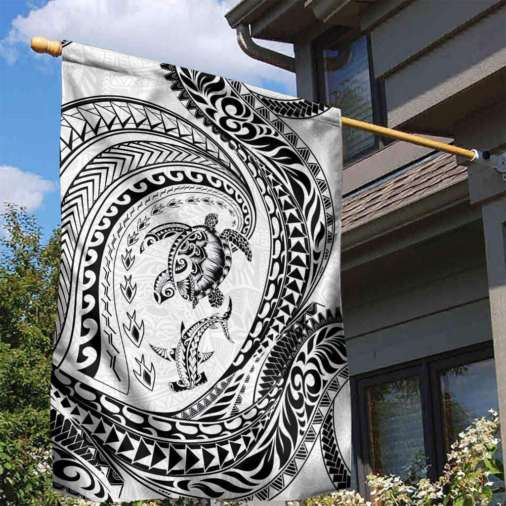 Hawaiian Turtle and Shark Garden Flag Kakau Tribal with Polynesian Pattern White Color