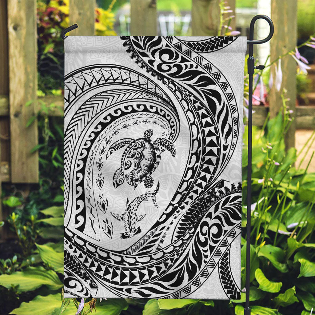 Hawaiian Turtle and Shark Garden Flag Kakau Tribal with Polynesian Pattern White Color