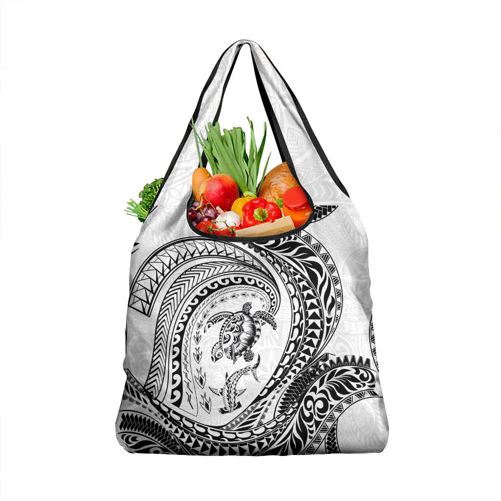 Hawaiian Turtle and Shark Grocery Bag Kakau Tribal with Polynesian Pattern White Color