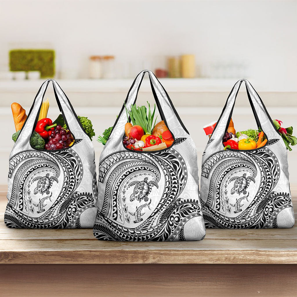 Hawaiian Turtle and Shark Grocery Bag Kakau Tribal with Polynesian Pattern White Color