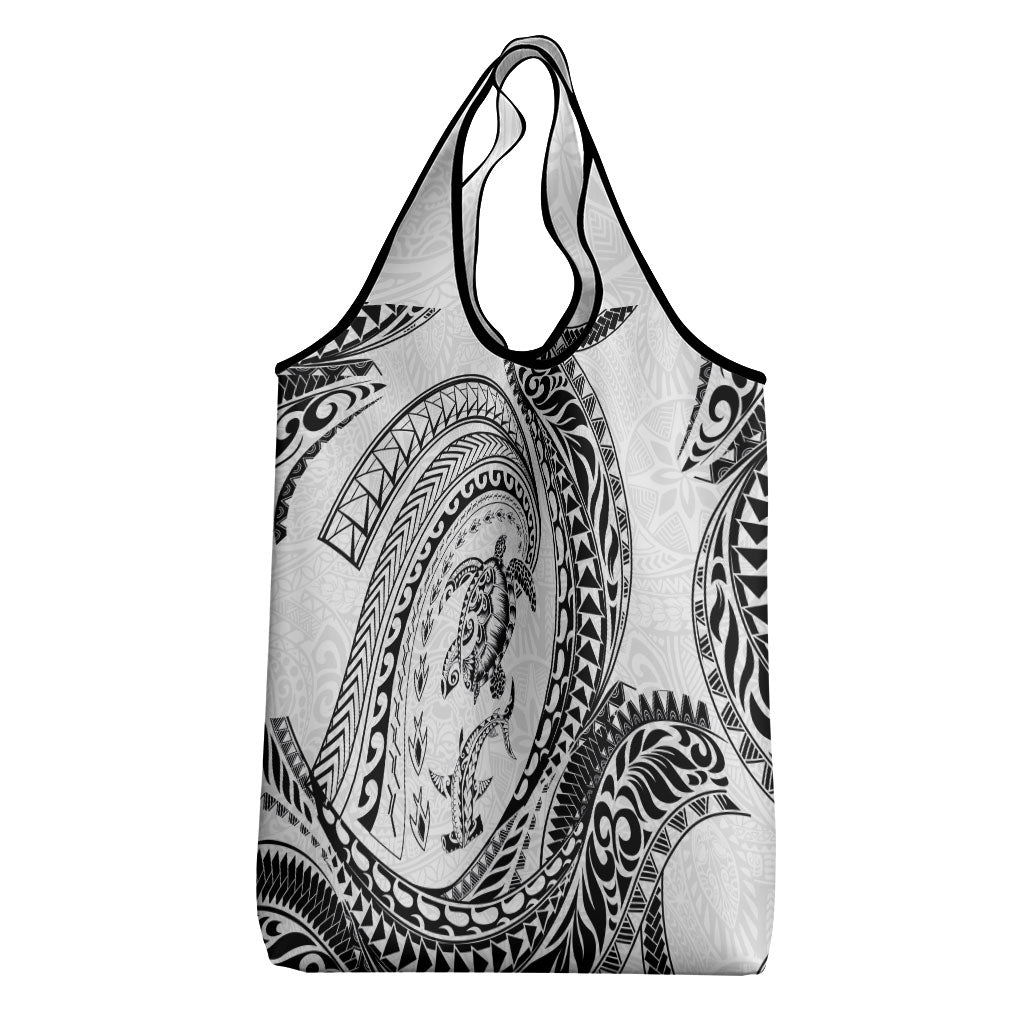 Hawaiian Turtle and Shark Grocery Bag Kakau Tribal with Polynesian Pattern White Color