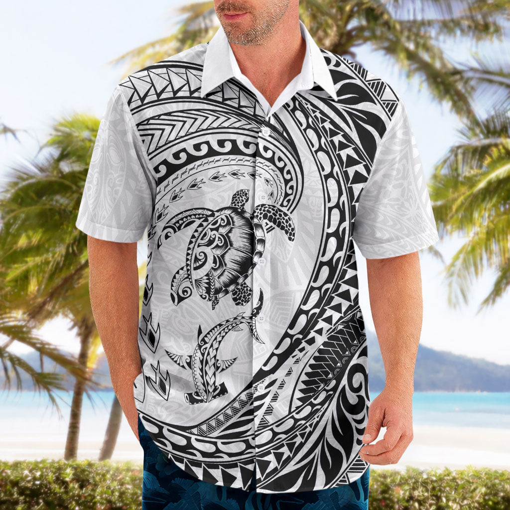 Hawaiian Turtle and Shark Hawaiian Shirt Kakau Tribal with Polynesian Pattern White Color