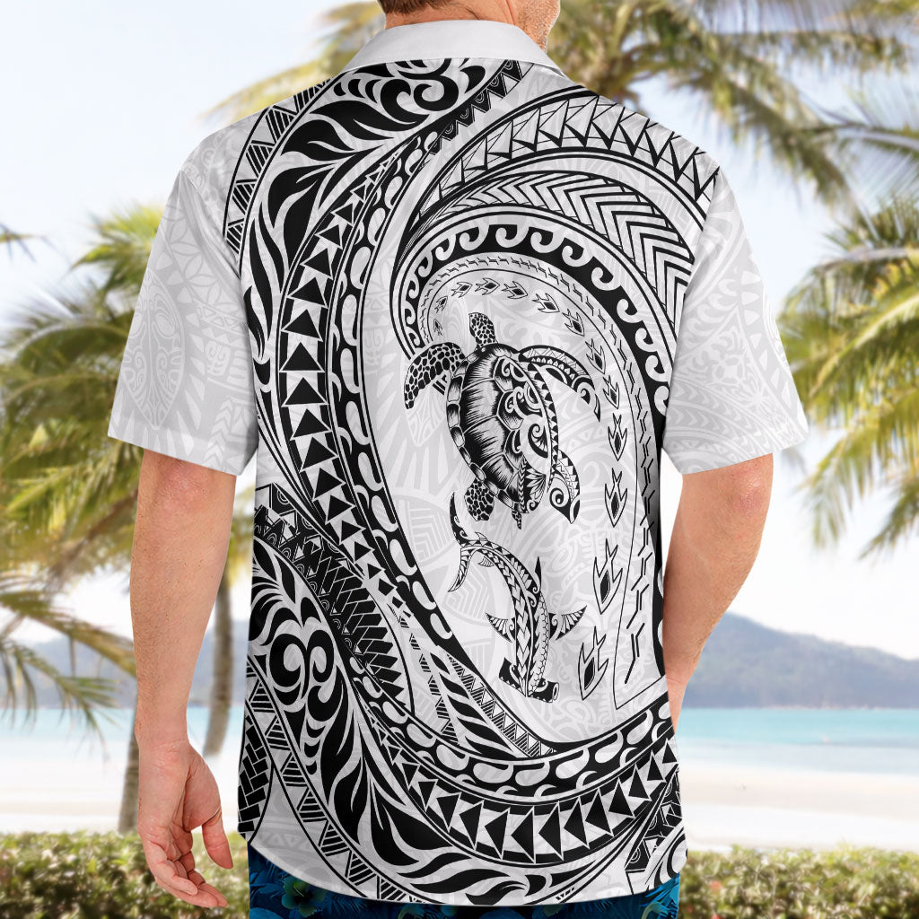 Hawaiian Turtle and Shark Hawaiian Shirt Kakau Tribal with Polynesian Pattern White Color