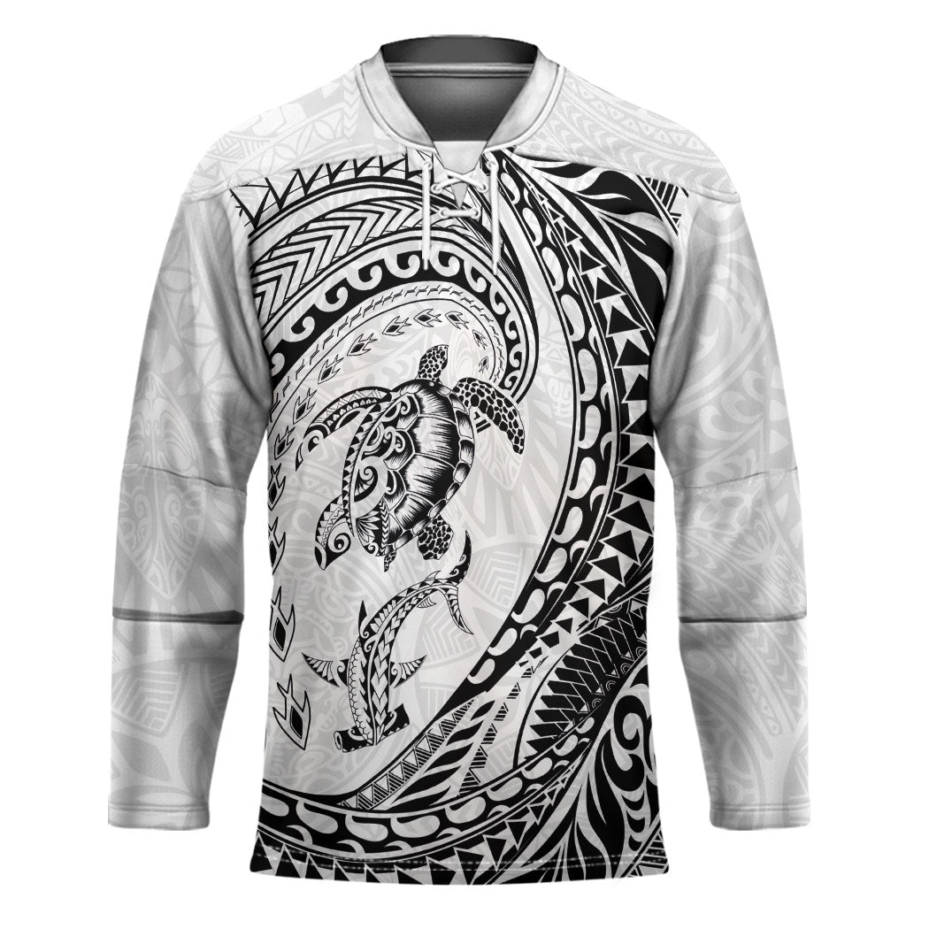 Hawaiian Turtle and Shark Hockey Jersey Kakau Tribal with Polynesian Pattern White Color