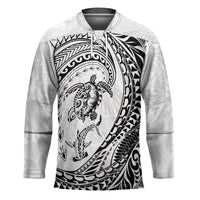 Hawaiian Turtle and Shark Hockey Jersey Kakau Tribal with Polynesian Pattern White Color