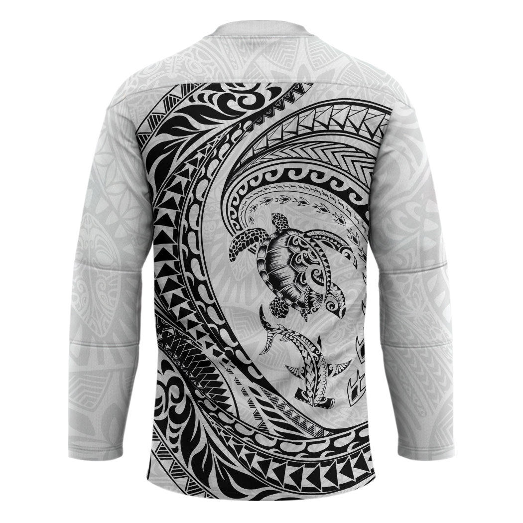 Hawaiian Turtle and Shark Hockey Jersey Kakau Tribal with Polynesian Pattern White Color