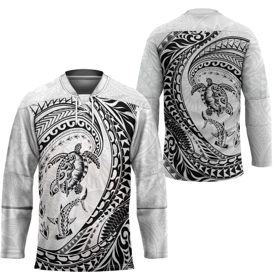 Hawaiian Turtle and Shark Hockey Jersey Kakau Tribal with Polynesian Pattern White Color