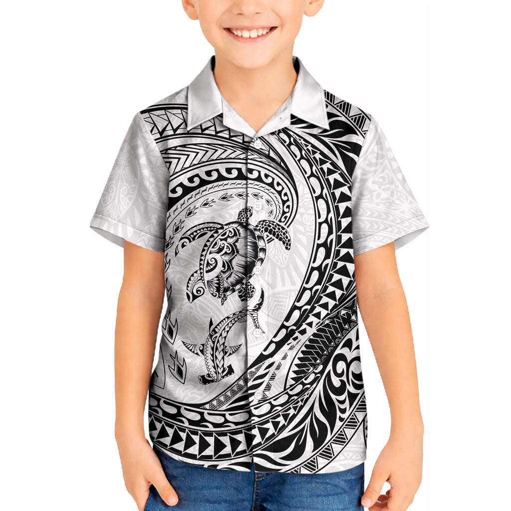 Hawaiian Turtle and Shark Kid Hawaiian Shirt Kakau Tribal with Polynesian Pattern White Color