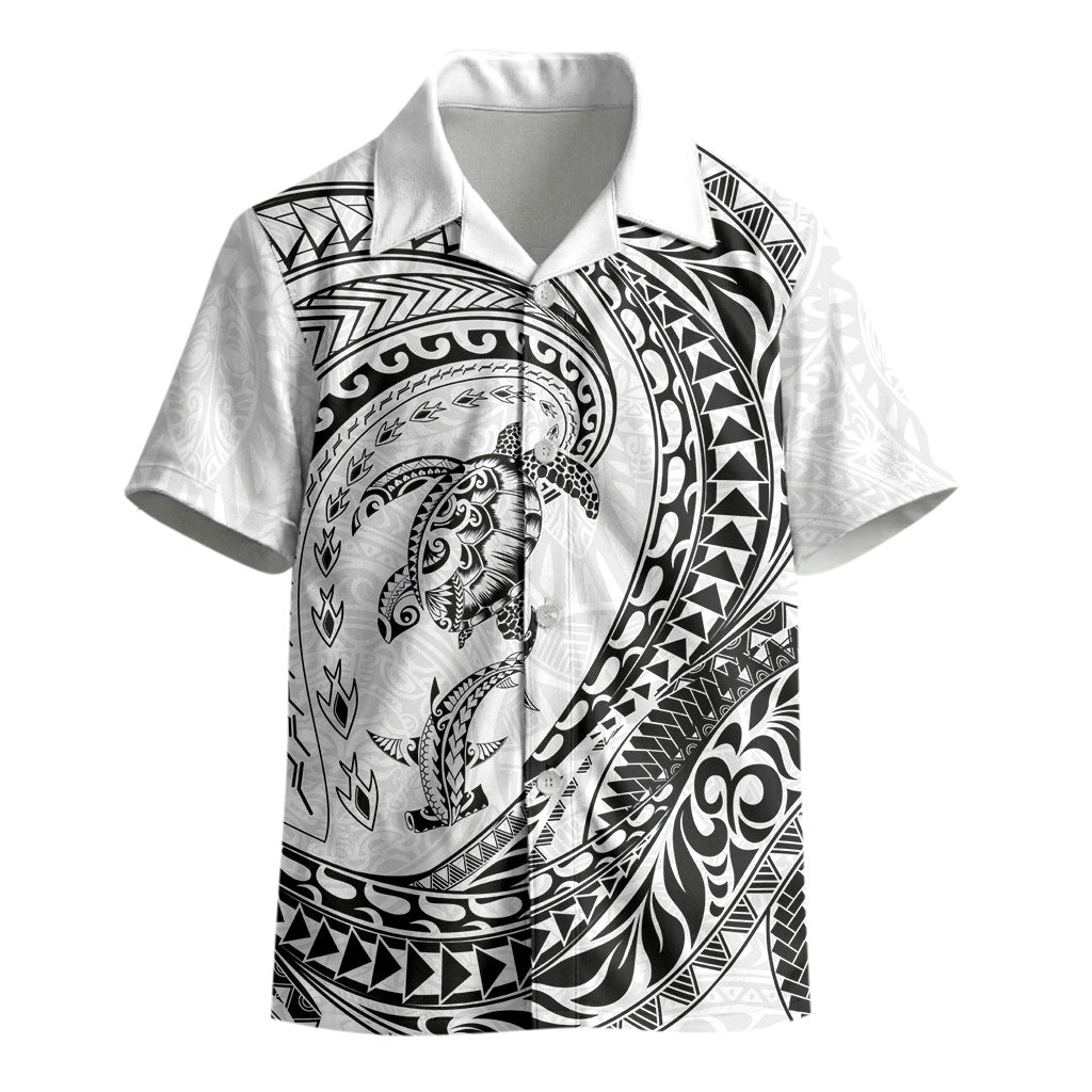 Hawaiian Turtle and Shark Kid Hawaiian Shirt Kakau Tribal with Polynesian Pattern White Color