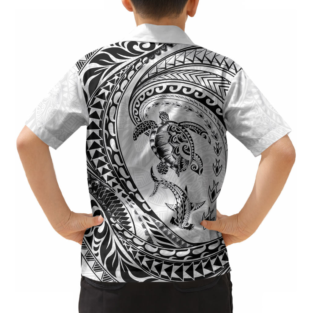 Hawaiian Turtle and Shark Kid Hawaiian Shirt Kakau Tribal with Polynesian Pattern White Color