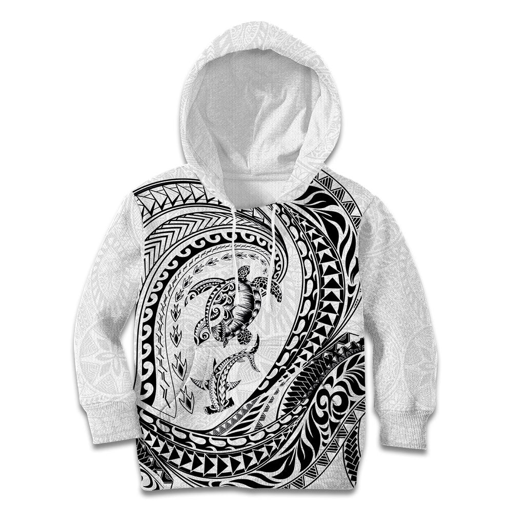 Hawaiian Turtle and Shark Kid Hoodie Kakau Tribal with Polynesian Pattern White Color
