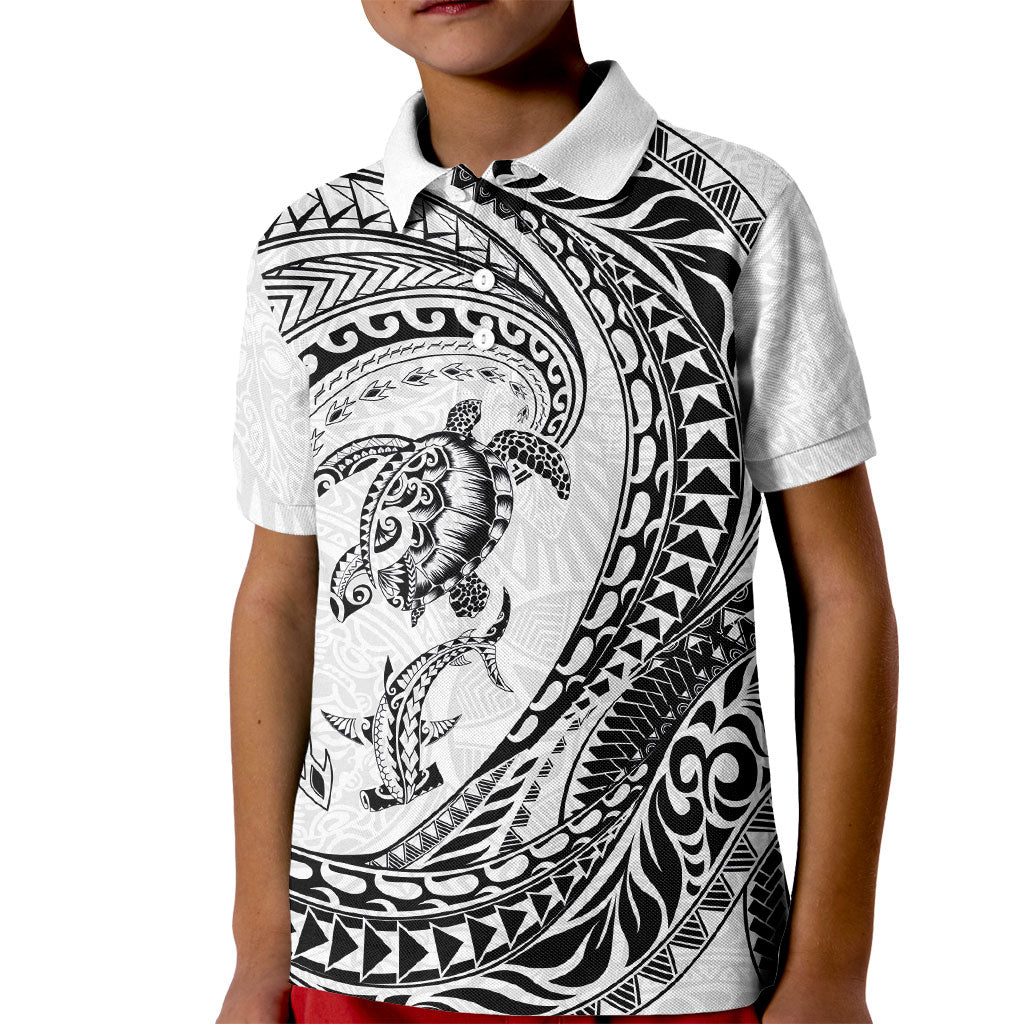 Hawaiian Turtle and Shark Kid Polo Shirt Kakau Tribal with Polynesian Pattern White Color