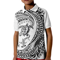 Hawaiian Turtle and Shark Kid Polo Shirt Kakau Tribal with Polynesian Pattern White Color