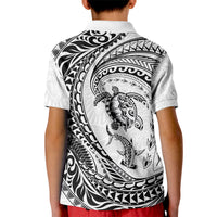 Hawaiian Turtle and Shark Kid Polo Shirt Kakau Tribal with Polynesian Pattern White Color