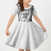 Hawaiian Turtle and Shark Kid Short Sleeve Dress Kakau Tribal with Polynesian Pattern White Color
