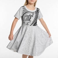 Hawaiian Turtle and Shark Kid Short Sleeve Dress Kakau Tribal with Polynesian Pattern White Color