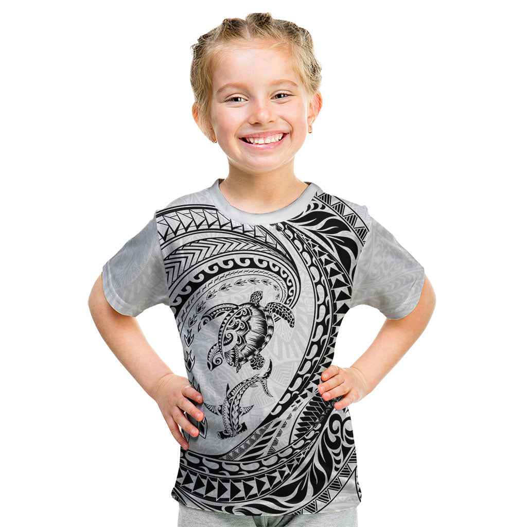 Hawaiian Turtle and Shark Kid T Shirt Kakau Tribal with Polynesian Pattern White Color