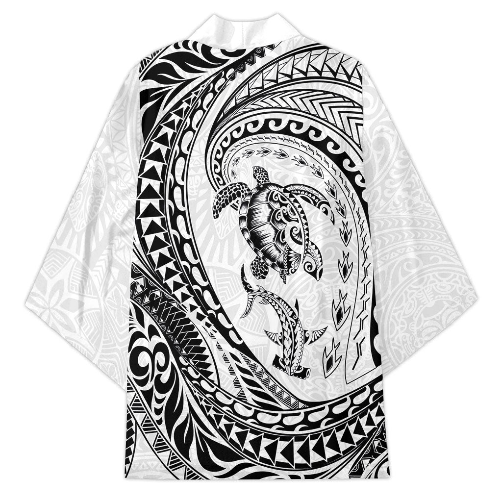 Hawaiian Turtle and Shark Kimono Kakau Tribal with Polynesian Pattern White Color
