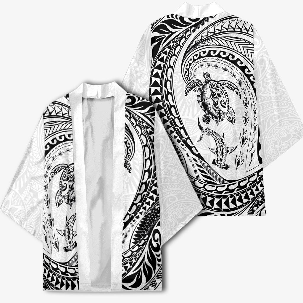 Hawaiian Turtle and Shark Kimono Kakau Tribal with Polynesian Pattern White Color