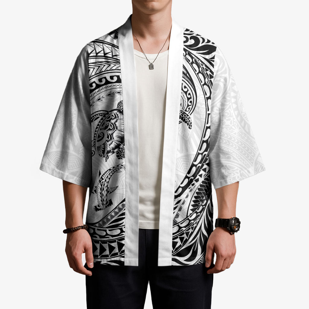 Hawaiian Turtle and Shark Kimono Kakau Tribal with Polynesian Pattern White Color