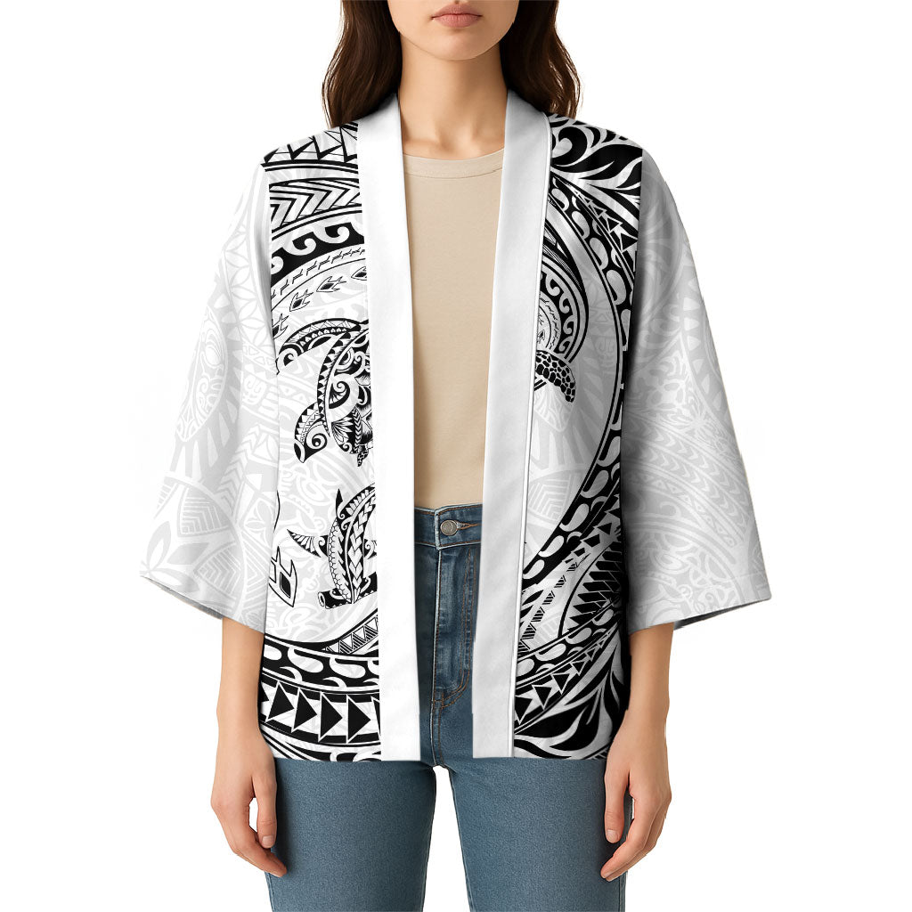 Hawaiian Turtle and Shark Kimono Kakau Tribal with Polynesian Pattern White Color