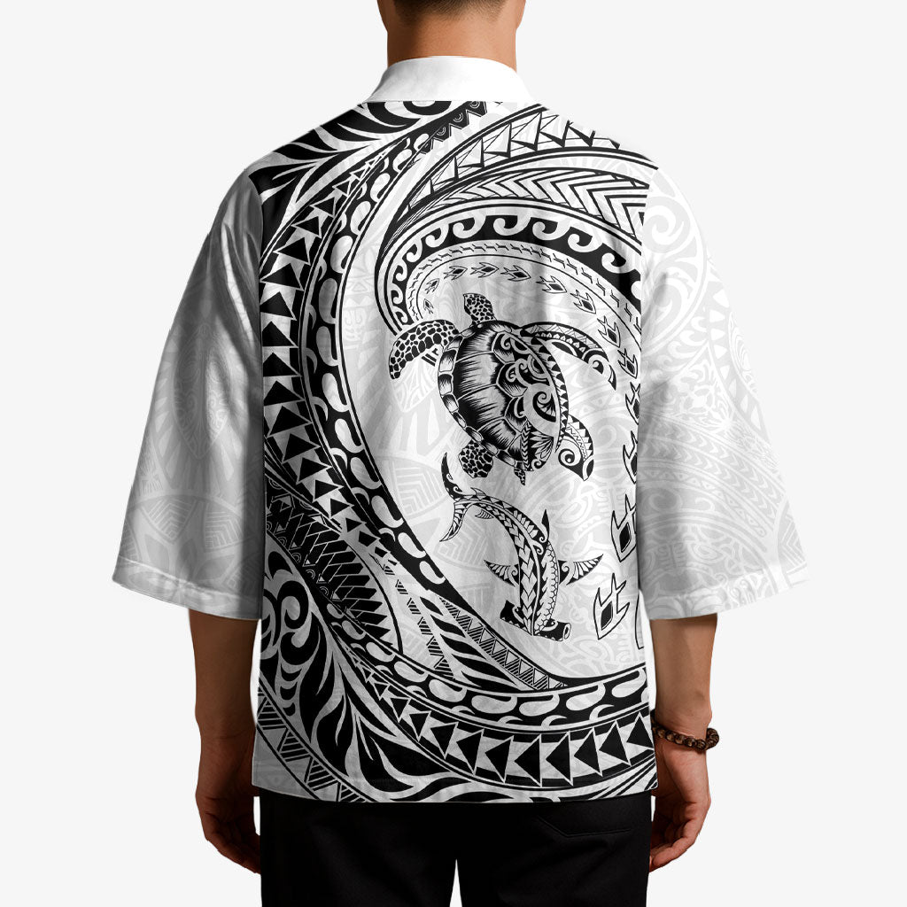 Hawaiian Turtle and Shark Kimono Kakau Tribal with Polynesian Pattern White Color