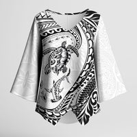 Hawaiian Turtle and Shark Kimono Sleeve Blouse Kakau Tribal with Polynesian Pattern White Color