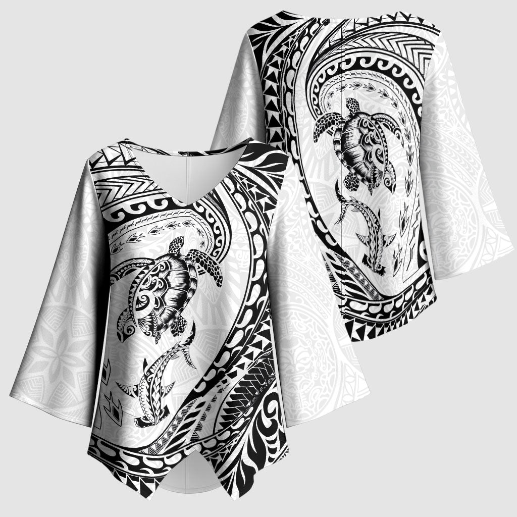Hawaiian Turtle and Shark Kimono Sleeve Blouse Kakau Tribal with Polynesian Pattern White Color