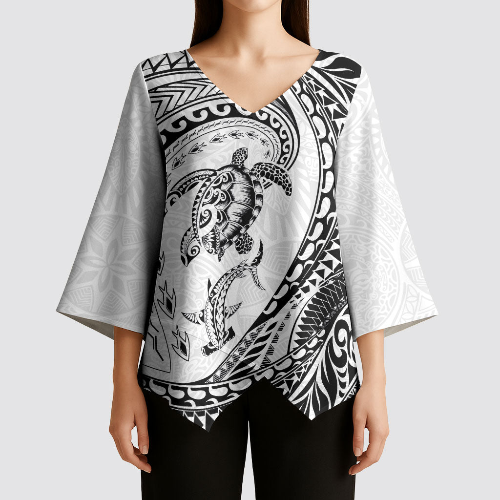 Hawaiian Turtle and Shark Kimono Sleeve Blouse Kakau Tribal with Polynesian Pattern White Color