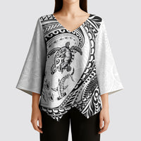 Hawaiian Turtle and Shark Kimono Sleeve Blouse Kakau Tribal with Polynesian Pattern White Color