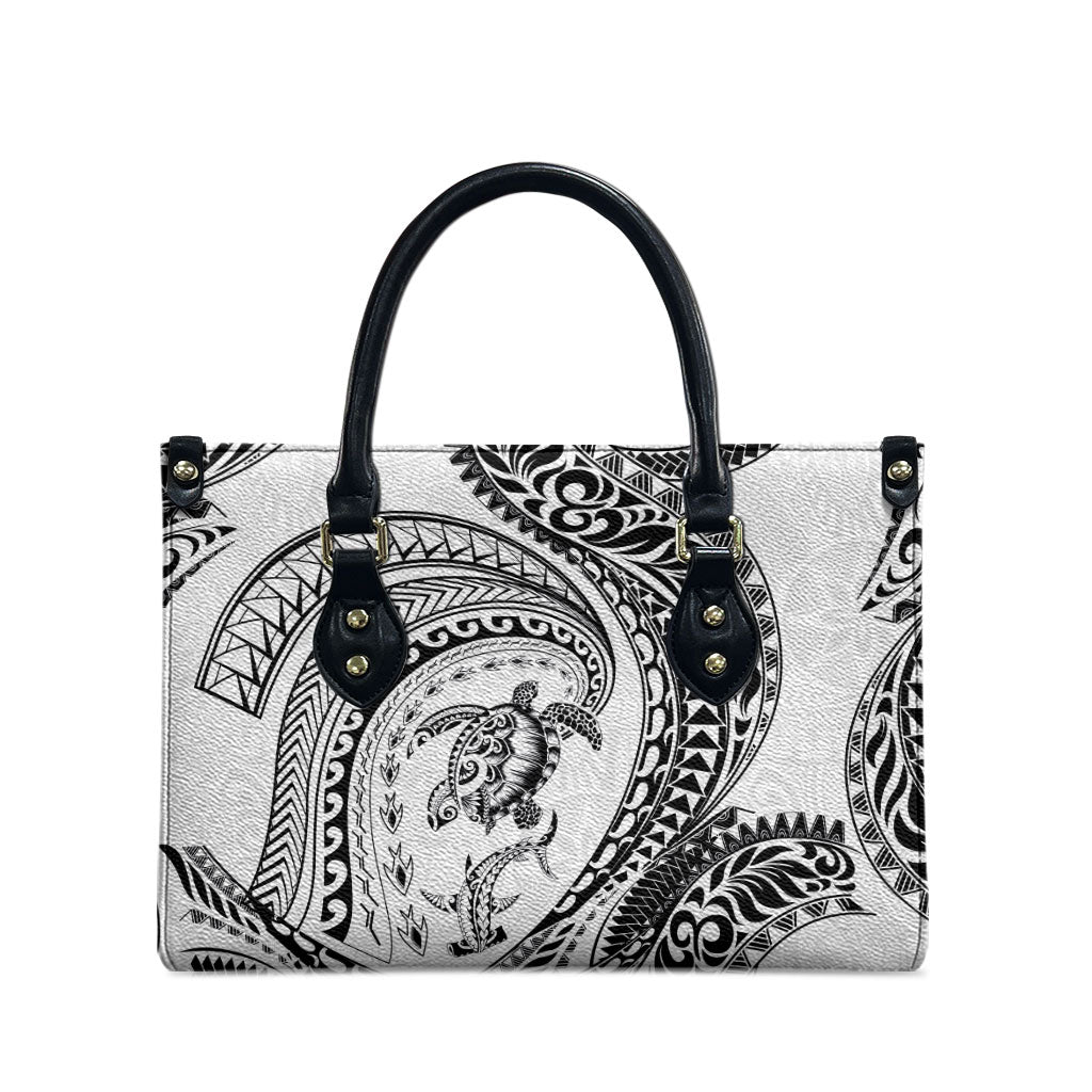 Hawaiian Turtle and Shark Leather Bag Kakau Tribal with Polynesian Pattern White Color