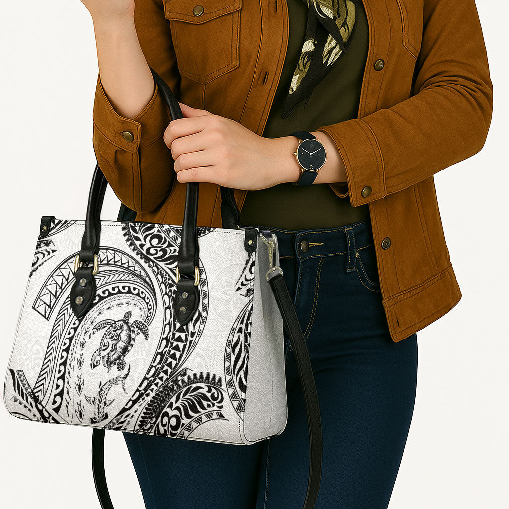 Hawaiian Turtle and Shark Leather Bag Kakau Tribal with Polynesian Pattern White Color