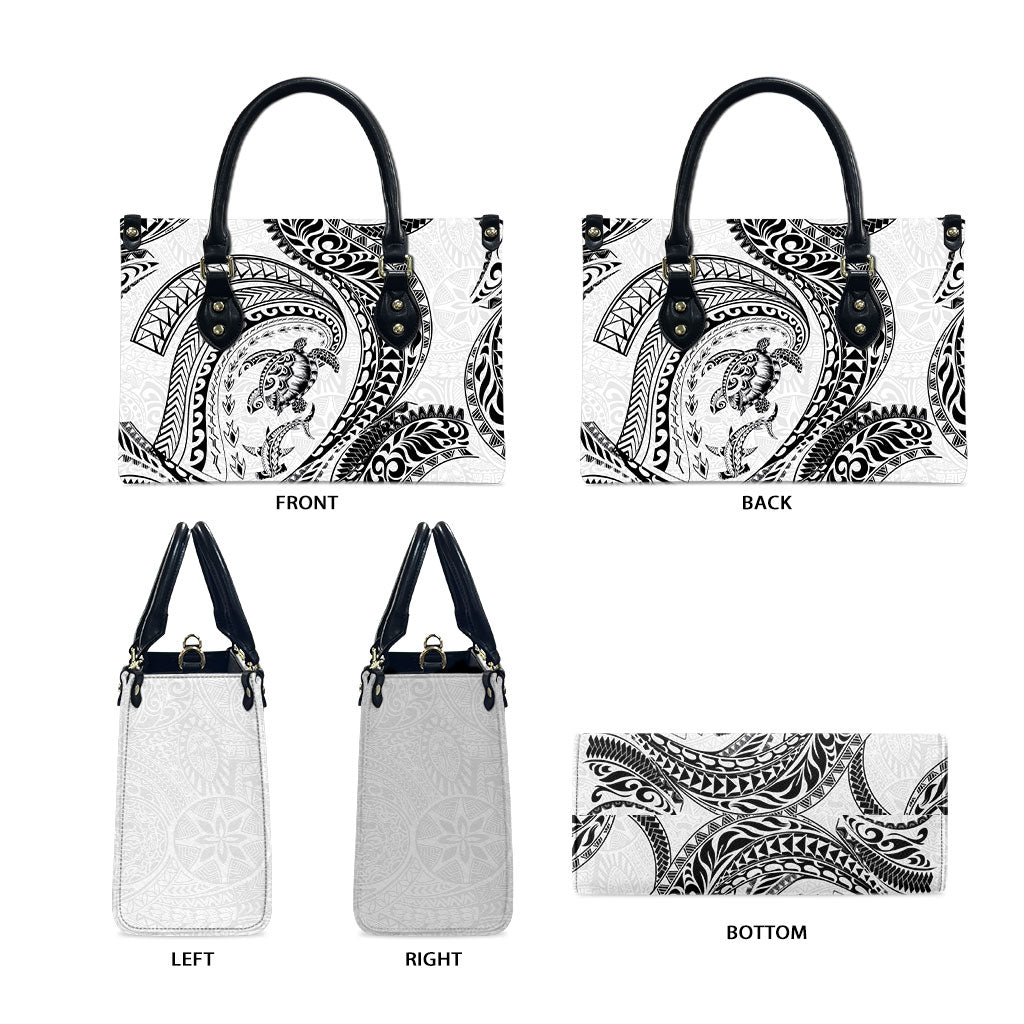 Hawaiian Turtle and Shark Leather Bag Kakau Tribal with Polynesian Pattern White Color