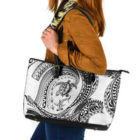 Hawaiian Turtle and Shark Leather Tote Bag Kakau Tribal with Polynesian Pattern White Color