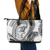 Hawaiian Turtle and Shark Leather Tote Bag Kakau Tribal with Polynesian Pattern White Color