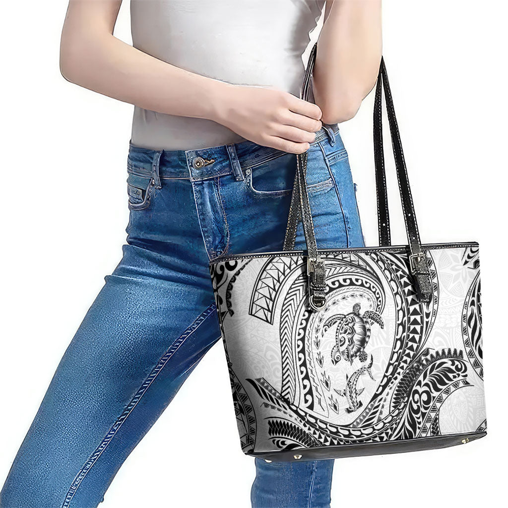 Hawaiian Turtle and Shark Leather Tote Bag Kakau Tribal with Polynesian Pattern White Color