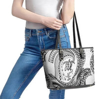 Hawaiian Turtle and Shark Leather Tote Bag Kakau Tribal with Polynesian Pattern White Color