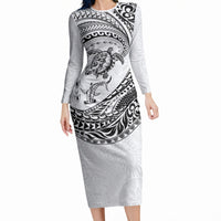 Hawaiian Turtle and Shark Long Sleeve Bodycon Dress Kakau Tribal with Polynesian Pattern White Color