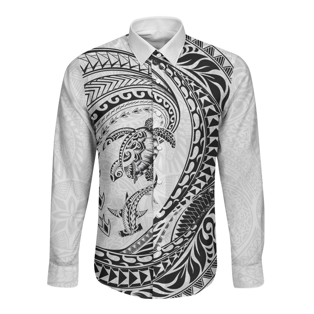 Hawaiian Turtle and Shark Long Sleeve Button Shirt Kakau Tribal with Polynesian Pattern White Color