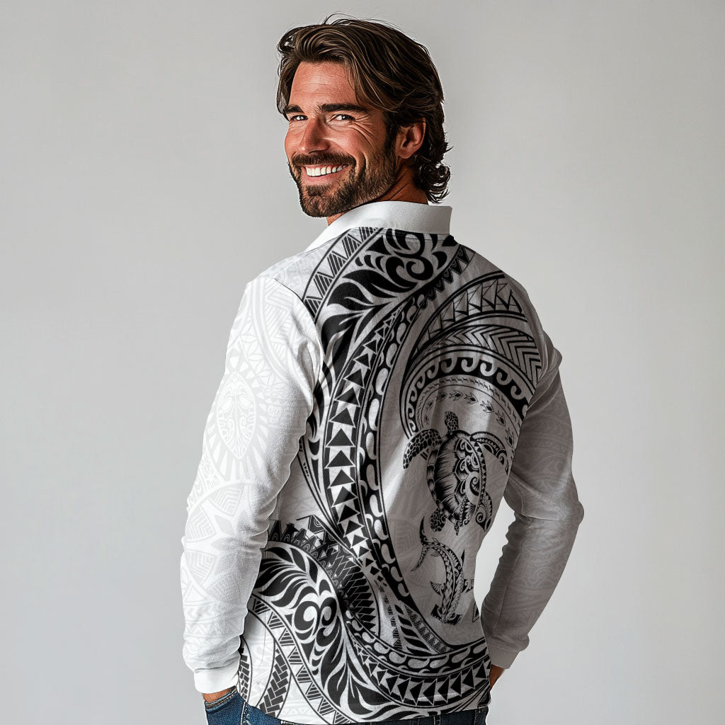 Hawaiian Turtle and Shark Long Sleeve Polo Shirt Kakau Tribal with Polynesian Pattern White Color