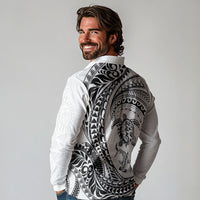 Hawaiian Turtle and Shark Long Sleeve Polo Shirt Kakau Tribal with Polynesian Pattern White Color