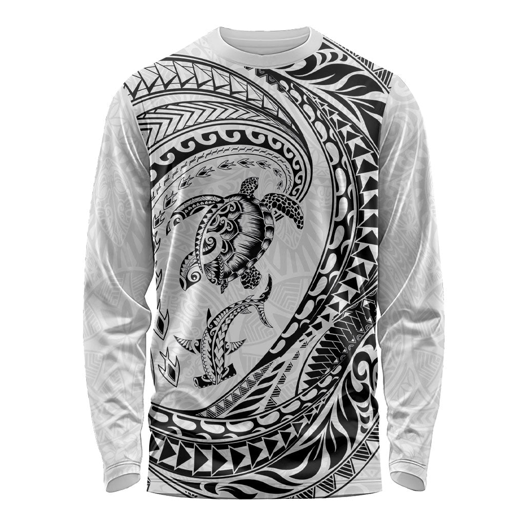 Hawaiian Turtle and Shark Long Sleeve Shirt Kakau Tribal with Polynesian Pattern White Color