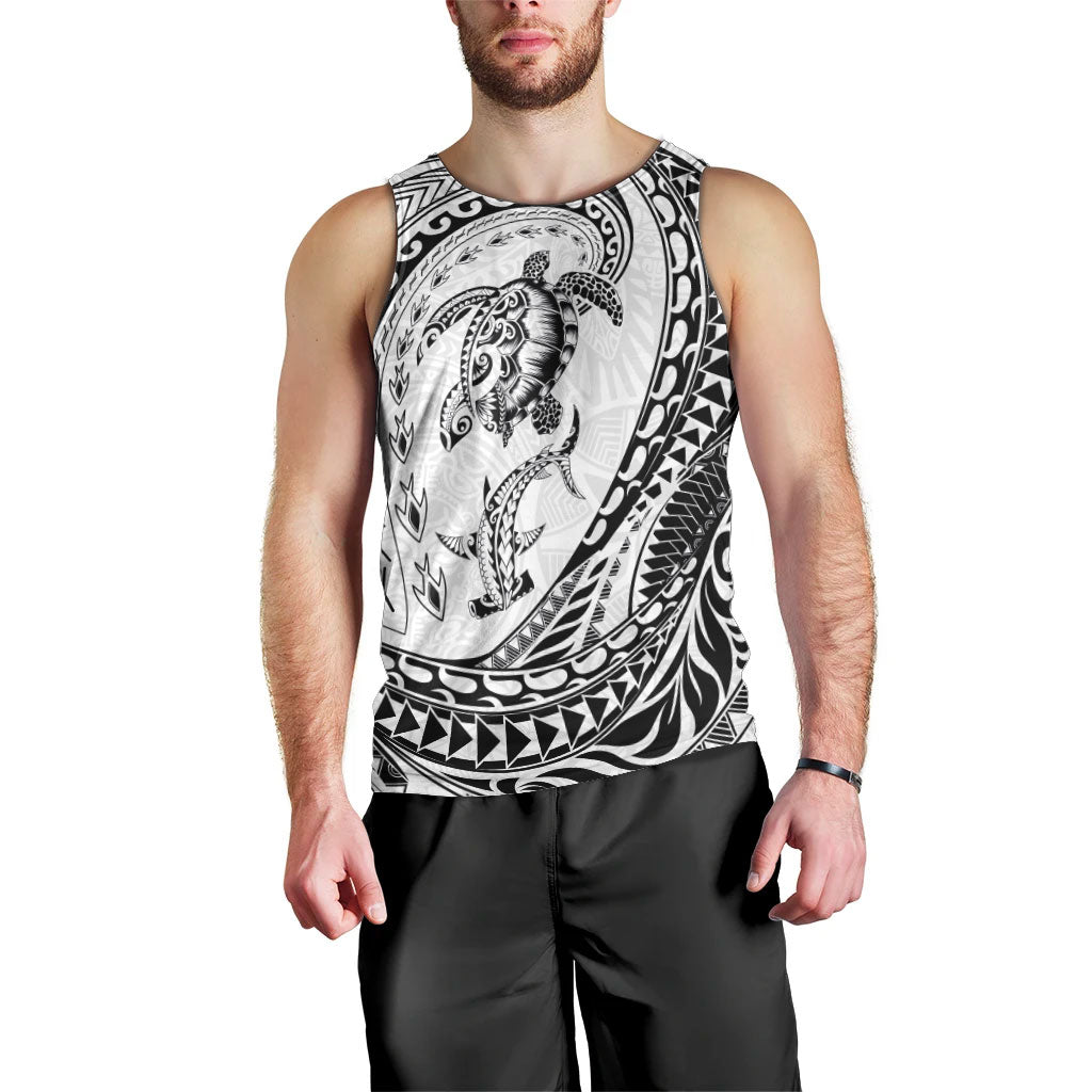 Hawaiian Turtle and Shark Men Tank Top Kakau Tribal with Polynesian Pattern White Color