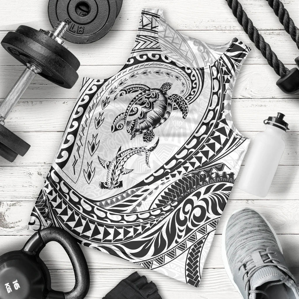 Hawaiian Turtle and Shark Men Tank Top Kakau Tribal with Polynesian Pattern White Color