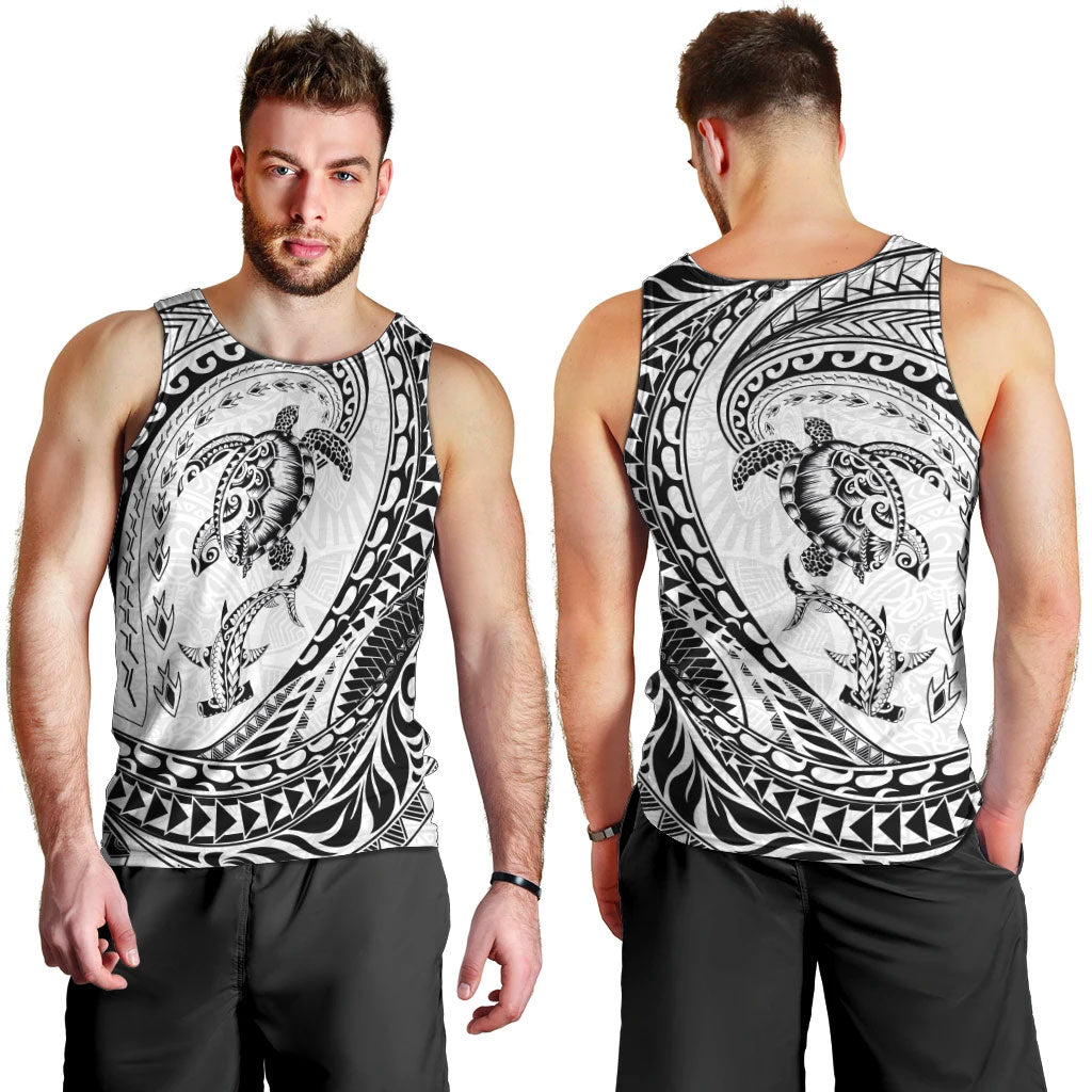 Hawaiian Turtle and Shark Men Tank Top Kakau Tribal with Polynesian Pattern White Color