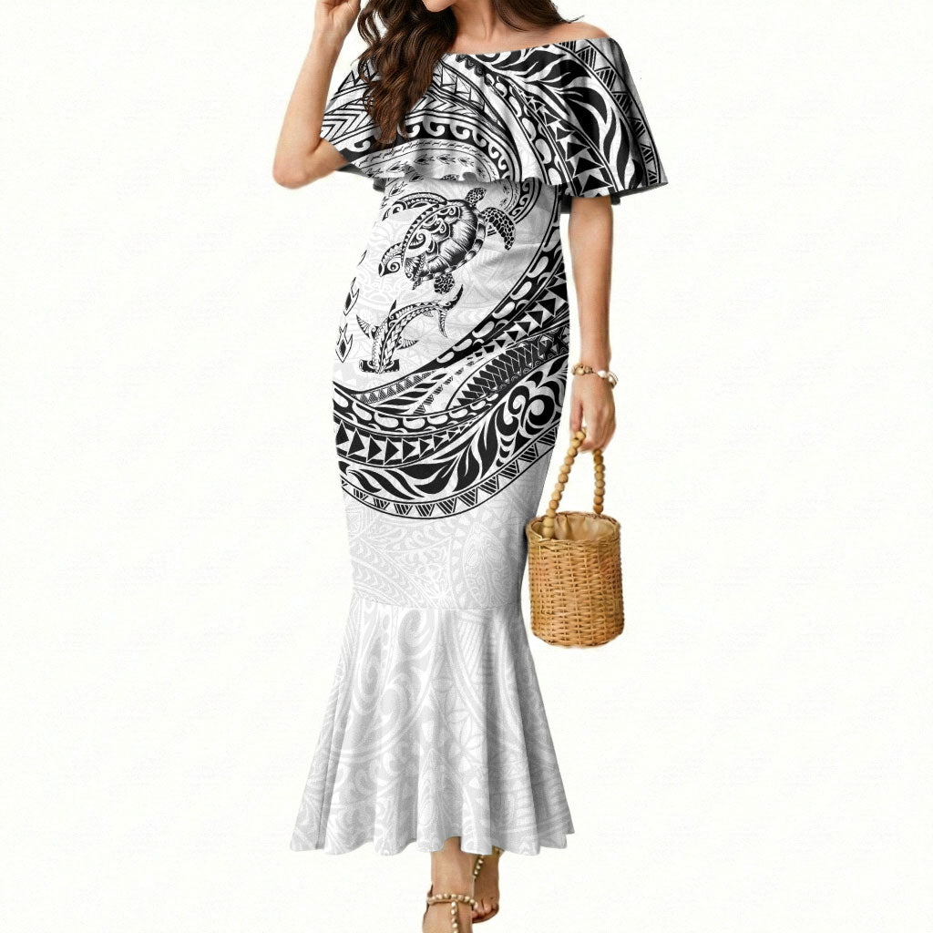 Hawaiian Turtle and Shark Mermaid Dress Kakau Tribal with Polynesian Pattern White Color