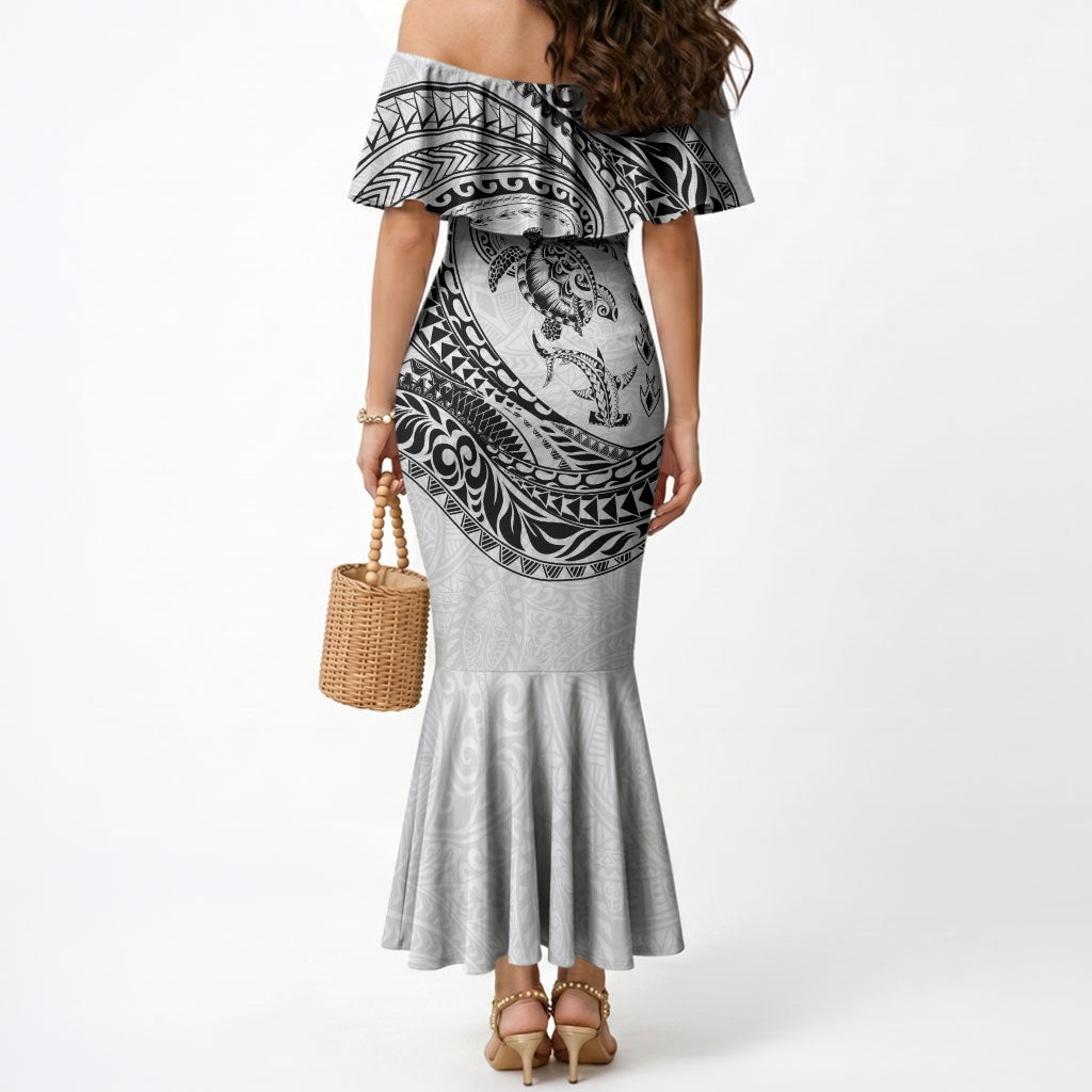 Hawaiian Turtle and Shark Mermaid Dress Kakau Tribal with Polynesian Pattern White Color