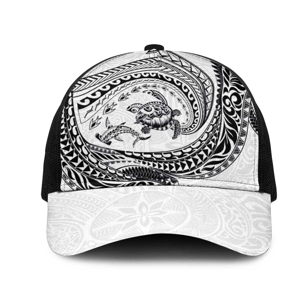 Hawaiian Turtle and Shark Mesh Trucker Cap Kakau Tribal with Polynesian Pattern White Color