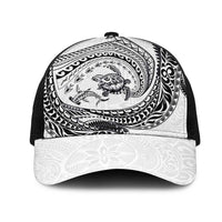 Hawaiian Turtle and Shark Mesh Trucker Cap Kakau Tribal with Polynesian Pattern White Color